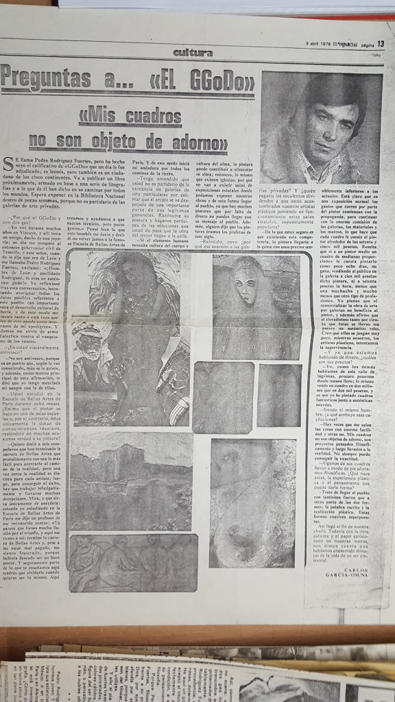 Preguntas a EL GGoDo, mis cuadros no son objecto de adorno, newspaper clipping.